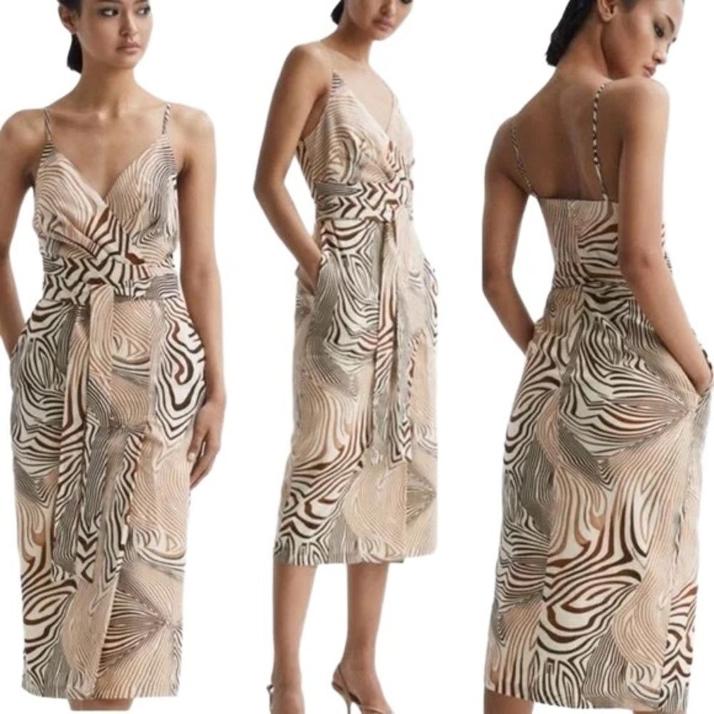 Reiss Knee Length Dress 0 Belted Wrap Zebra Print V Neck Boho Chic Brown Rosie